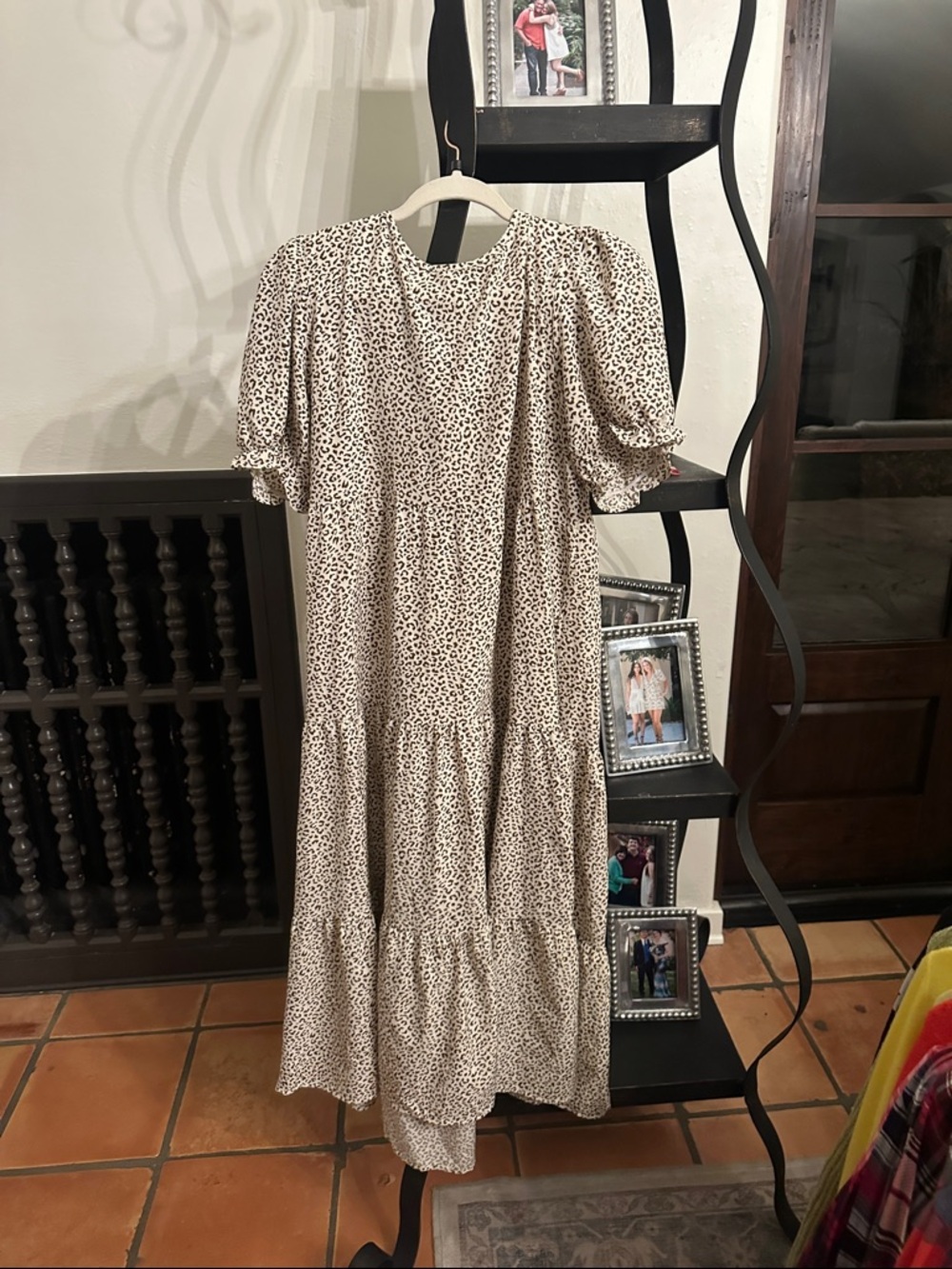 Cream Neutral Spot Tiered Midi Dress with Puff Sleeves